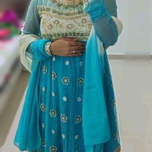 Emblished Anarkali Heavy Work Blue And White Dress