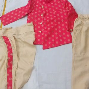 Dark Pink Golden Print Kurta Pyjama Boys