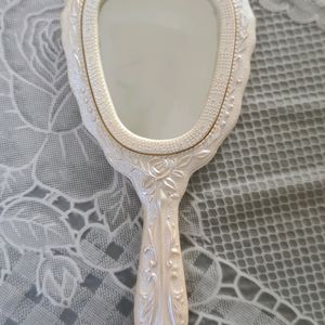 Ivory White Hand Mirror with carved roses