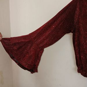 Maroon Shimmery Top With Bell Sleaves For Party