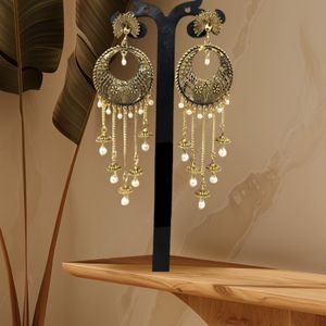 Brass Tone Oxidised Jhumki Earrings with Pearl Bea