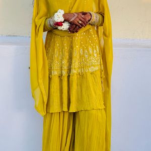 Yellow Short Kurti With Pleated Ghrara Dupatta