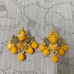 Yellow Unique Earrings With Pearls And Stones