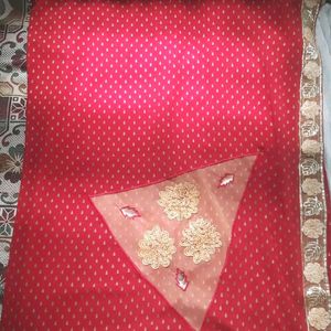 Red Block Buti Saree With Net And Siquence Border