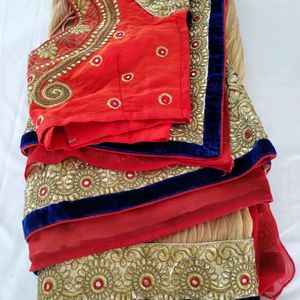 Cream And Red Embroidery Printed Saree (Women)