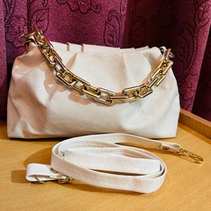 White Hand Bag With Golden Chain For Hanging