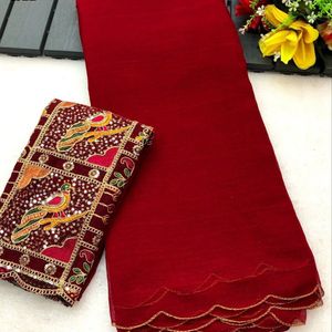 Chiffon With Gold Color Embroidery Saree - Red