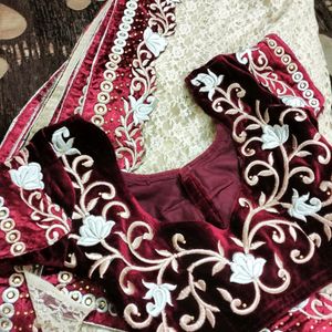 Beutiful Saree With Red Velvet Blouse (COMBO)