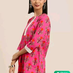 Here&Now Ethic Pink Cotton Kurti With Lace