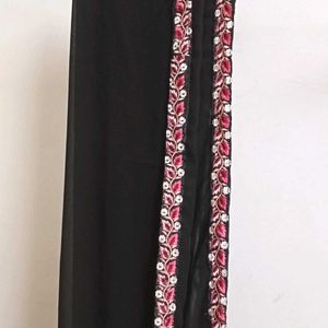 Black Kurta Set With Pink Embroidery & Front Slit