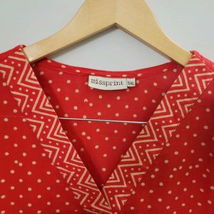 Missprint Red Hand Block Printed V-Necked Kurta