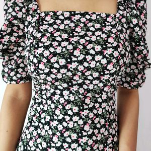 Black Floral Printed A-line Dress