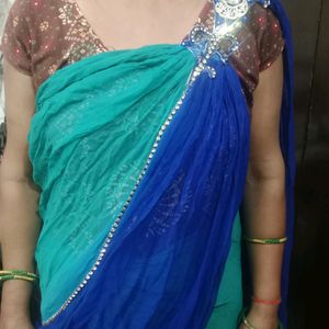 Stylish Dark Blue & Light Green Saree