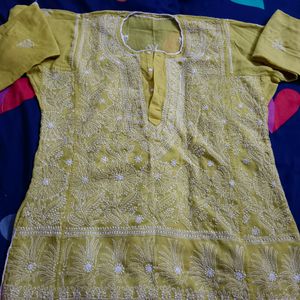 Lime Cotton With Chikankari Work Kurta