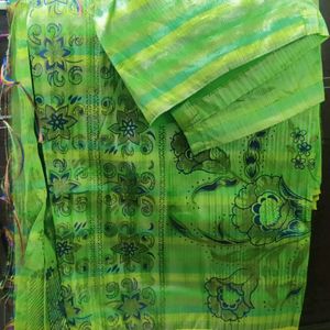 Women Saree Green Polycotton With Stitched Blouse