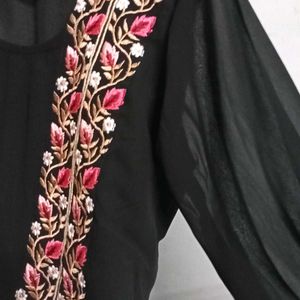 Black Kurta Set With Pink Embroidery & Front Slit