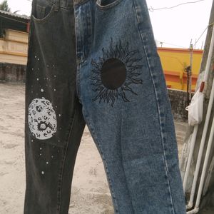 Y2k Patchwork Sun Moon Print Jeans