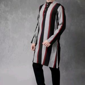 Anouk Men Black & Grey Striped Straight Kurta