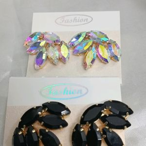 Korean Glassstone Statement Leaf Shaped Earrings