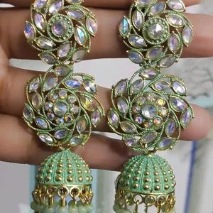 Green Flower Jhumka Earrings