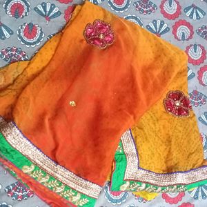 Mustard & Orange Bandhani Print Saree With Blouse