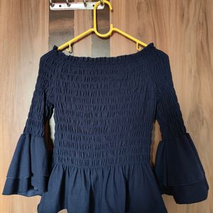 Navy Blue Smocked Peplum Top(Women)