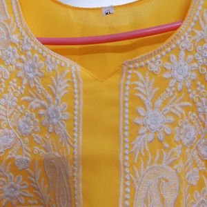 Yellow New Short Chickenkari Kurti