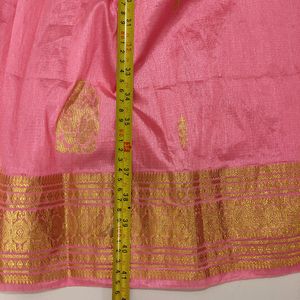 Pink Silk Paavadai With Gold Zari Border