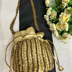 Embroidery Golden Potli Handbag/Clutch For Women