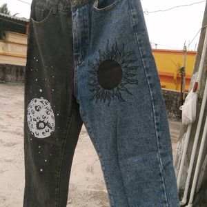 URBANIC Y2K Patchwork Sun Moon Print Jeans