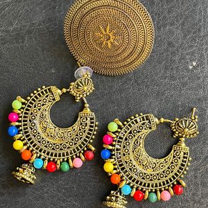 Golden Oxidised Earing And Sheild Ring