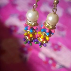 Pearl, Multicolour Beads And Stone Drop Earrings