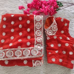 Women Red Sequence Saree With Blouse