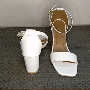 Women White Block Heel Strappy Buckle  Sandal