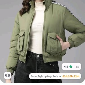 Women Green Mock Collar Padded Jacket 🧥💚