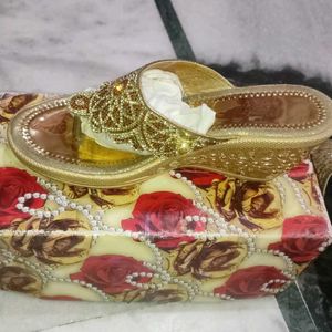 Golden Wedge Heel Sandals with Floral Embellishmen