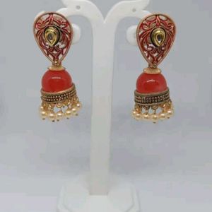 Ethnic Red Golden Pearl Jhumka