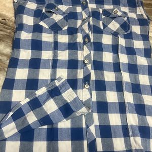 Blue & White Pure Cotton Check Sleeveless Shirt