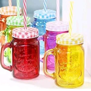 Set of 2 Mason Jar Glass Cups with Straws & Lids