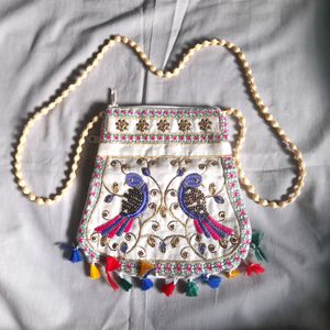 Ethnic Women White Slingbag Trendy Parrot Design👜