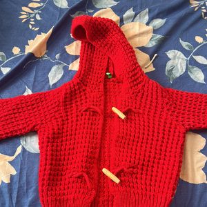 New Red Hoodie Sweater Cardigan With Wooden Button For Girls