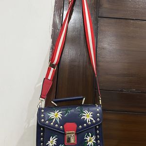 Women navy Blue Designer Bag With Embroidery Flowers Print