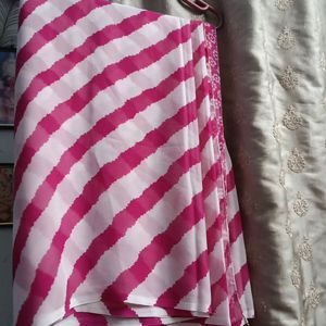 Unused White Pink Laheriya Saree