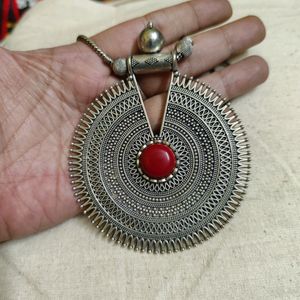 Oxidized GS Statement Pendant With Coral Stone