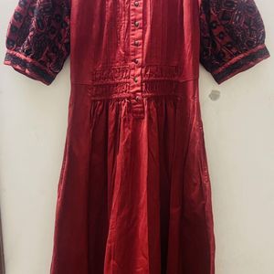 Rust Midi Length Embroidery Sleeves Dress