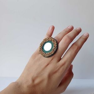 Mirror Dark Green And Golden Adjustable Ring