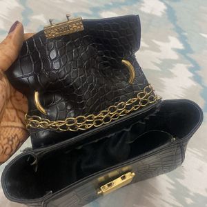 Gold Buckle Black Sling Bag With Adjustable Chain