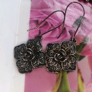 Black Polish Antique Rose Oxidised Earrings