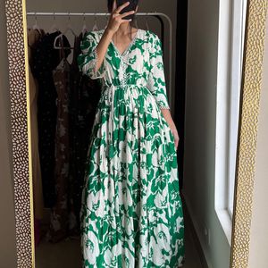 Floral Print A-line Maxi Dress (Green)