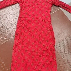 Golden Printed Red Cotton Kurta